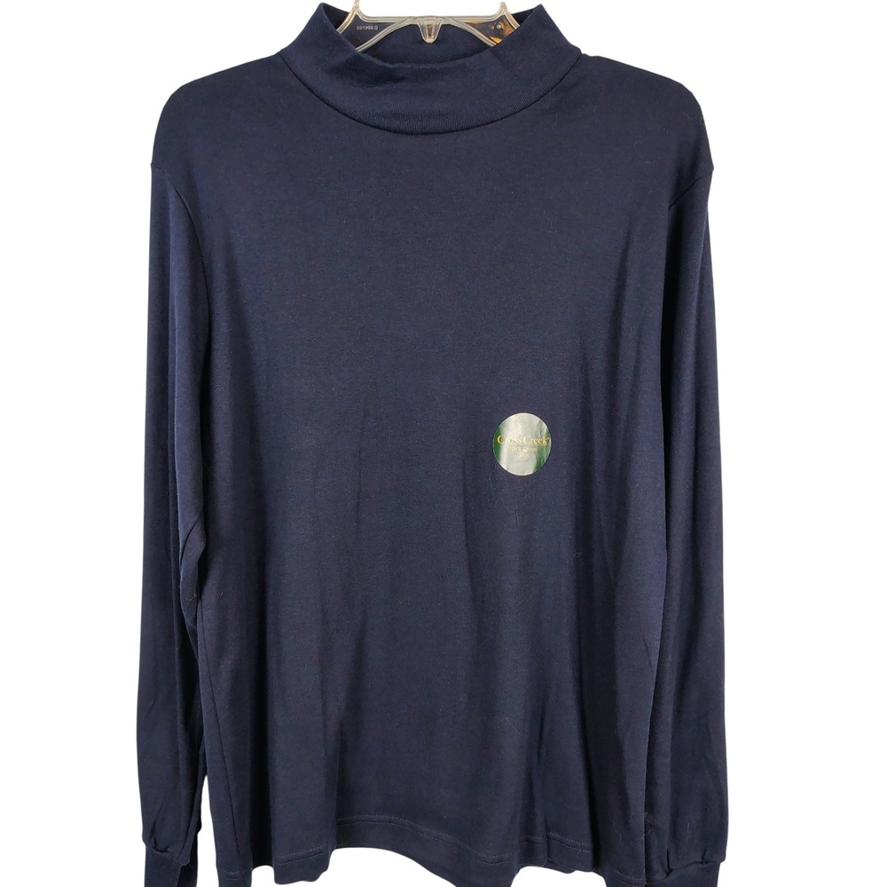NWT Cross Creek Mens SZ L Mock Neck Long Sleeve Shirt Navy Blue Cotton Vintage